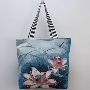 Floral Canvas Tote Bag - Blue and Pink